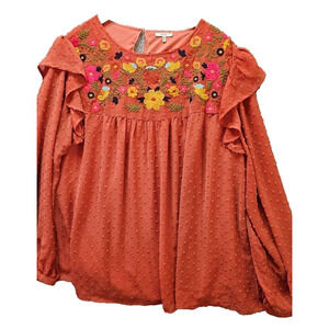 Jodifl Fall Flowers Autumn Top Embroidered Peasant Boho Tunic 3X Swiss Dot Flowy